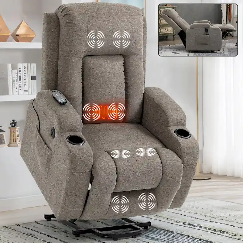 Power Lift Recliner with Massage, Lumbar Heating, USB Charging & Cup Holders, Modern Ergonomic Design