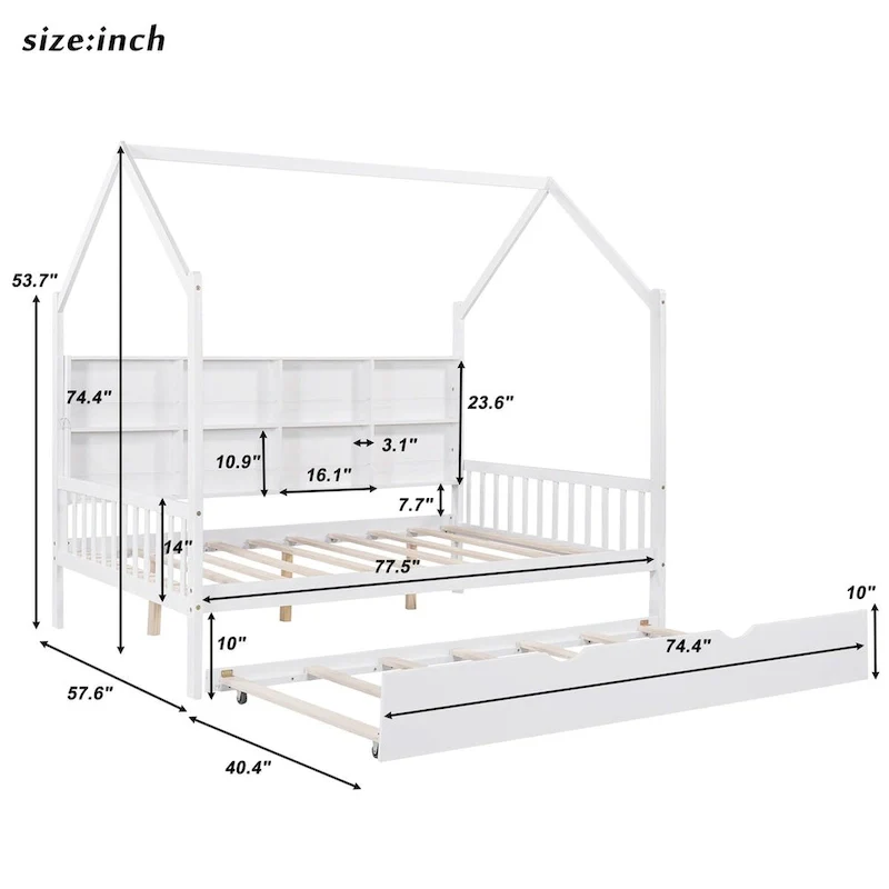 Full Solid Wood House Day Bed with Trundle