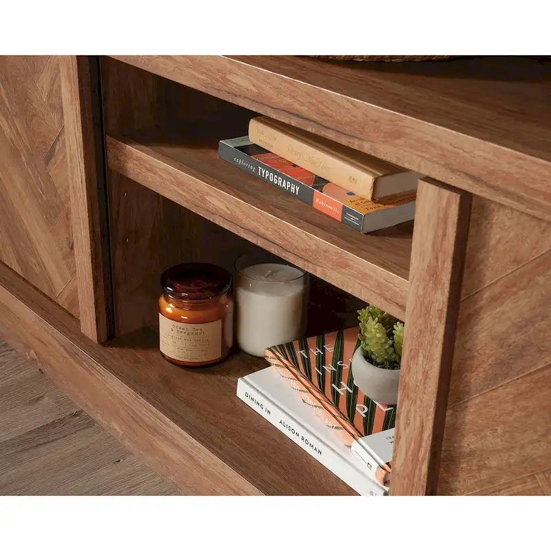 TV Credenza with Herringbone Doors & Adjustable Shelves – Mystic Oak / Sindoori Mango, Modern Style