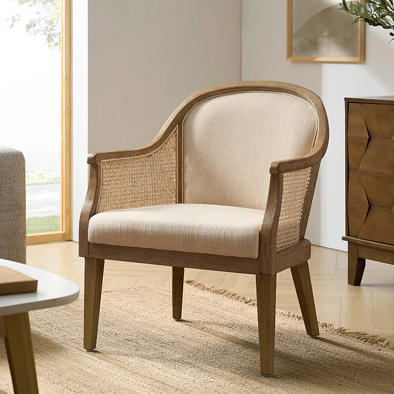 Rattan Side Panel Barrel Armchair with Linen-Look Fabric, Foam Fill & Rubber Wood Legs | Line / Ivory | Single Seat
