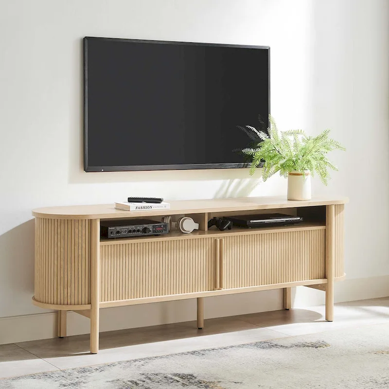 Oak TV Stand with Fluted Sliding Doors, Open Shelf, Fits up to 65