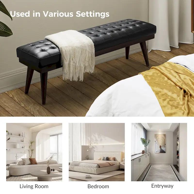 Genuine Leather Tufted Bench with Solid Wood Base