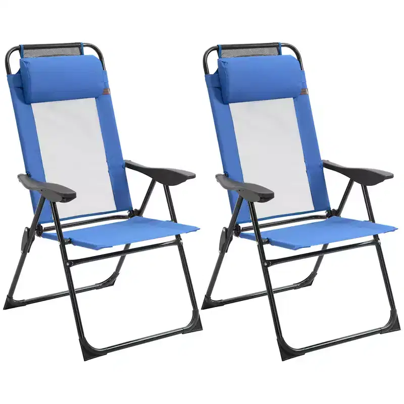 Folding Patio Dining Chairs Set of 2,Outdoor Deck Chair with Removable Headrest,Camping Chair with Adjustable Sling Back for Garden,Backyard,Lawn,Blue