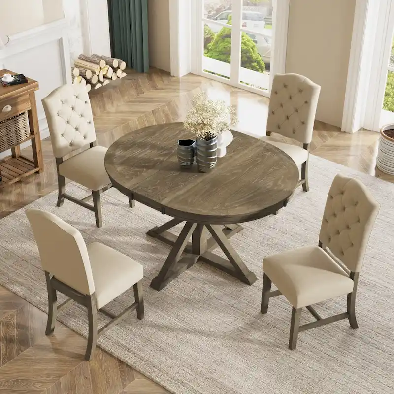 Dining Table Set with Extendable Table and 4 Upholstered Chairs