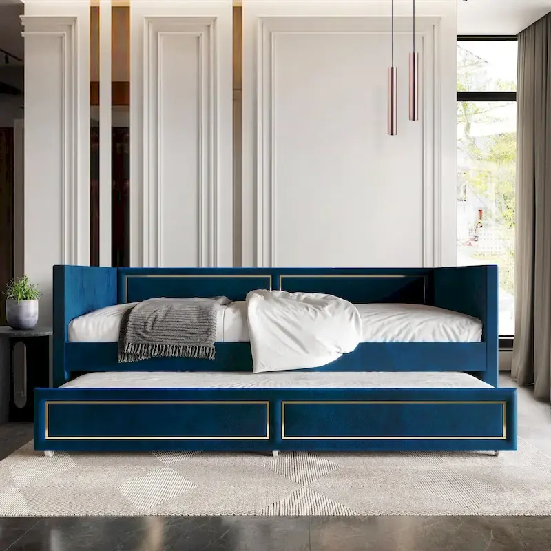 Twin Velvet Upholstered Daybed with Trundle, High Arm Panel & Gold PU Detail – Silver Grey / Black / Navy Blue, Sleeps 1–2