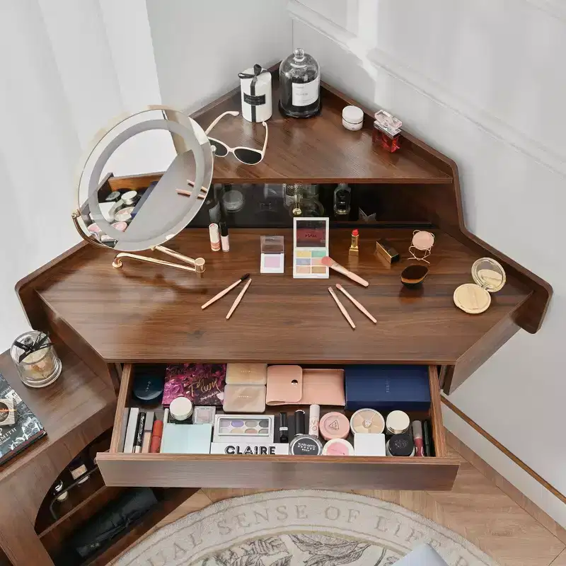 Corner Makeup Vanity Set with Stool Compact Vanity Desk Dressing Table with 360 Lighted Mirror, Drawer and Storage Cabinet, Walnut/White-ModernLuxe