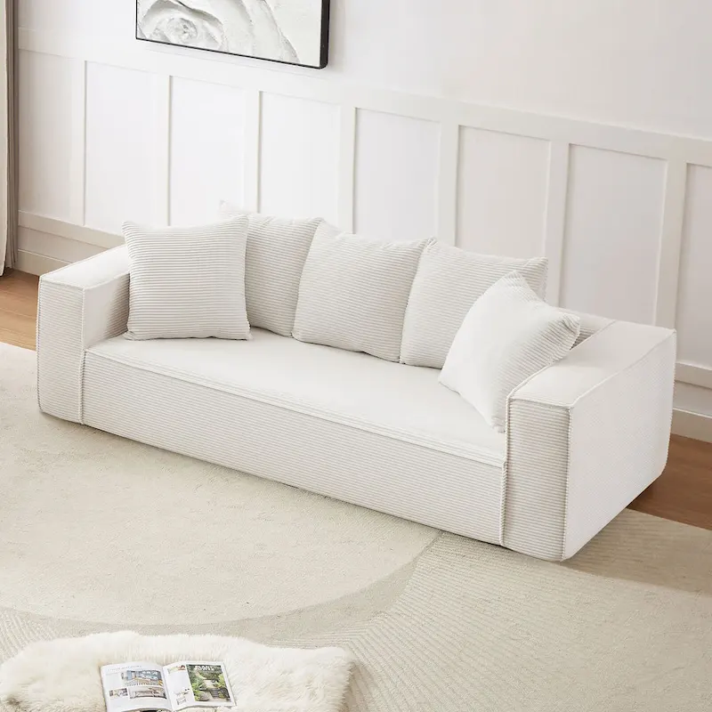 Orange / Green / White / Black Corduroy Modular 3-Seater Sofa with 5 Toss Pillows