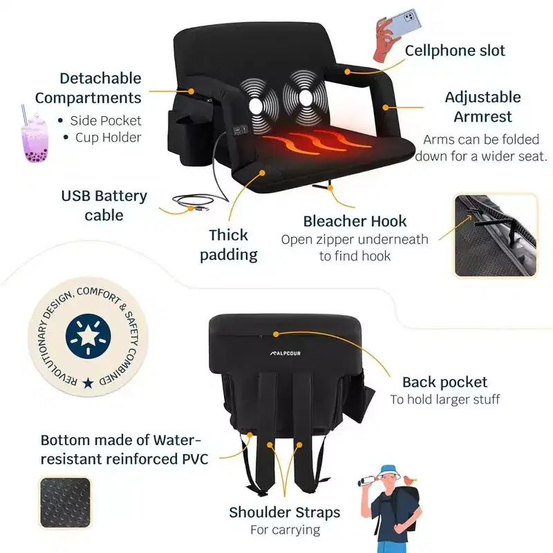 Alpcour Max-Relax Extra-Wide 25in Heated Massage 25in Stadium Seat with Armrests Black