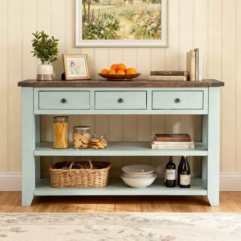Hostack 48'' Solid Wood Top Console Table with 3 Storage Drawers and 2 Shelves, Retro Blue and Brown Top