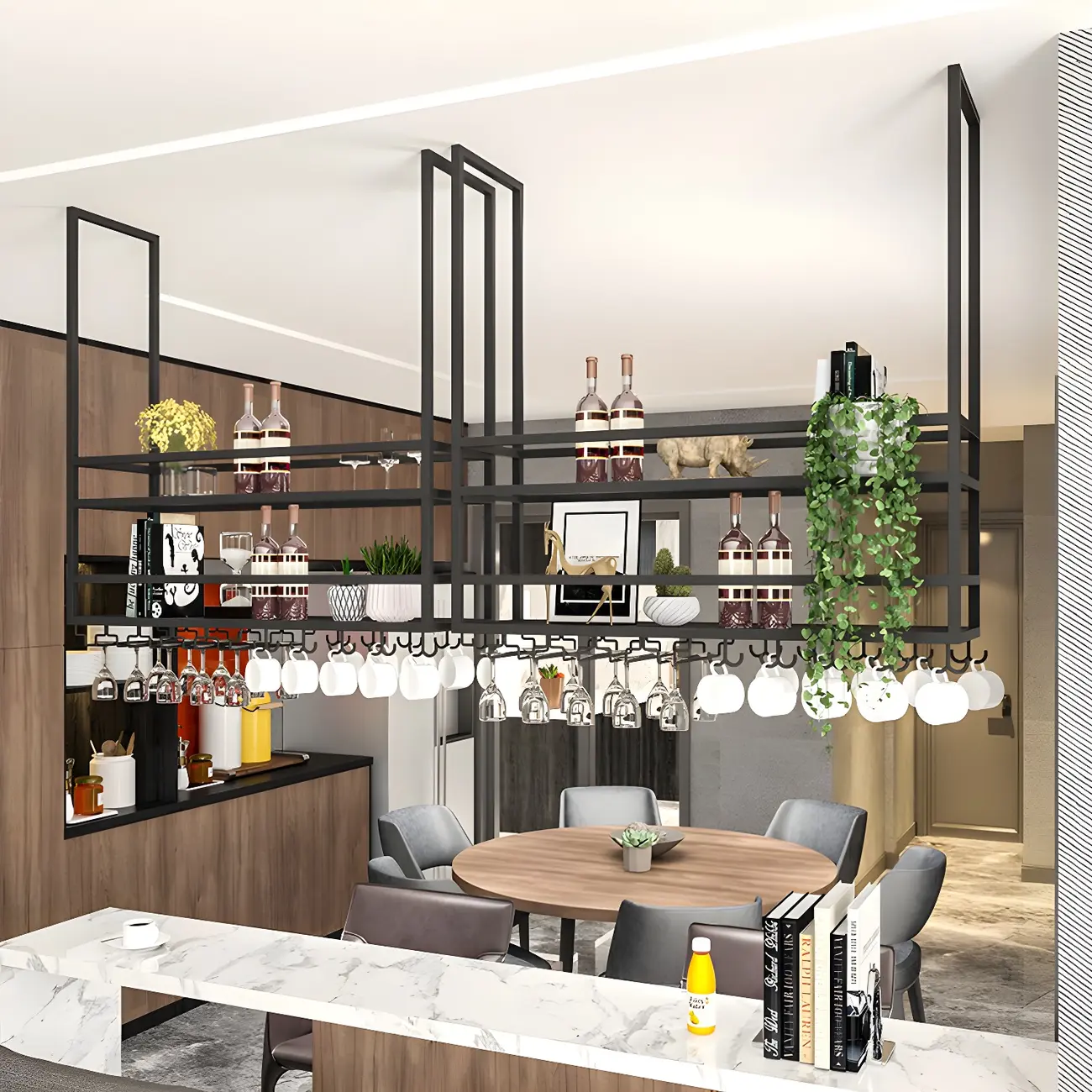 Black Metal Large Hanging Wine Rack with Glass Holder