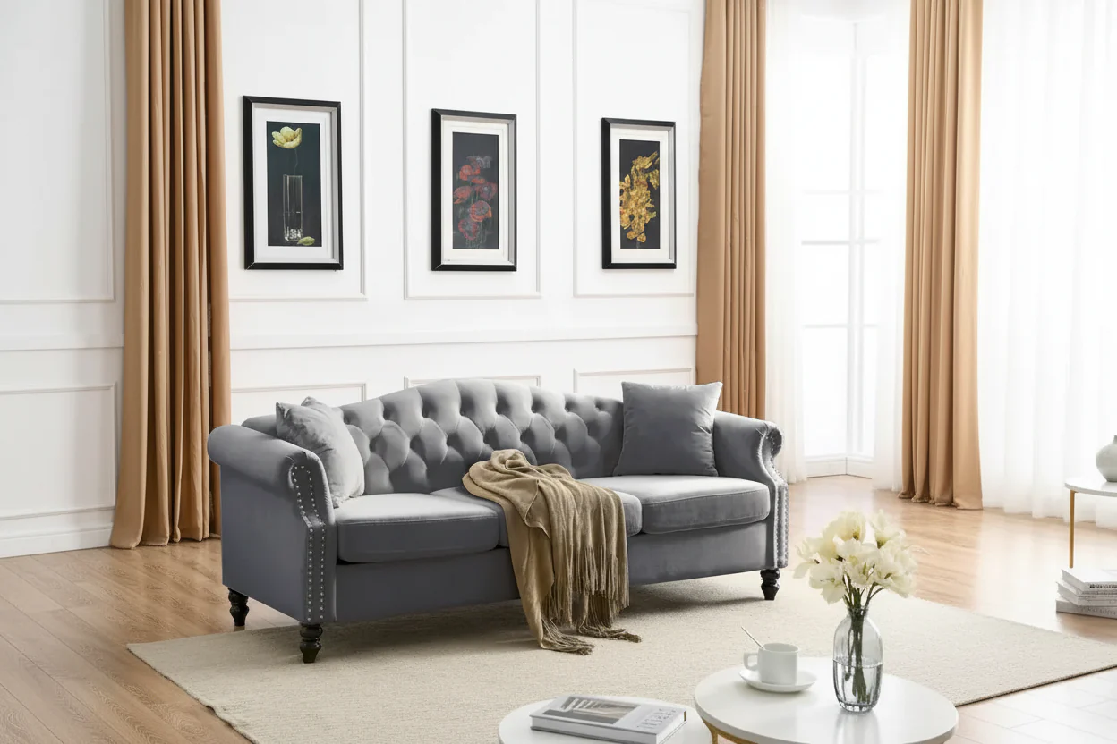 [Video] 79 Chesterfield Sofa Grey Velvet for Living Room, 3 Seater Sofa Tufted Couch with Rolled Arms and Nailhead for Living R