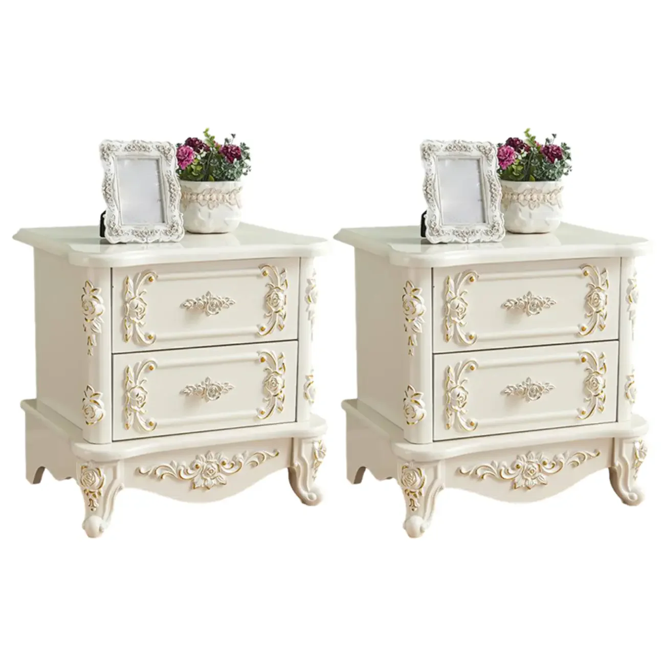 Traditional White Wood Carved 3-Drawer Nightstand