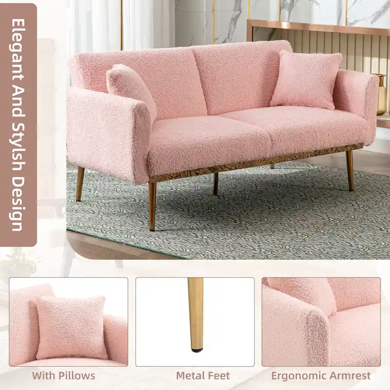 Teddy Fabric Upholstered Tufted Loveseats Sleeper Sofa With Rose Golden Legs