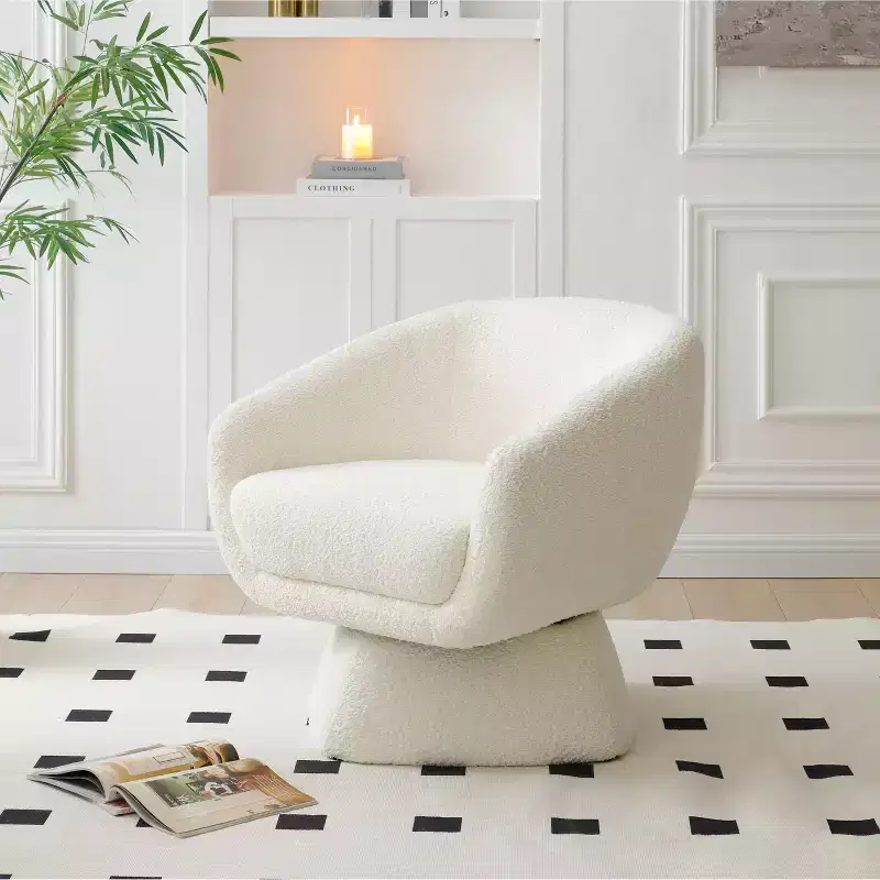 TUYOHW White Boucle Upholstered Accent Chair,Leisure Armchair with Enlarged Seat,Square Base,Solid Wood Frame,Reading Chair for Living Room,Bedroom