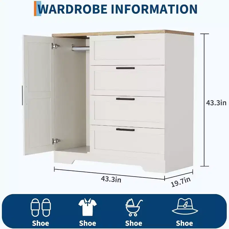 Acekool Wood Armoire Wardrobe Closet, 43.3 H Bedroom Cabinet with 4 Drawers, Door, Hanging Rod, Storage Organizer