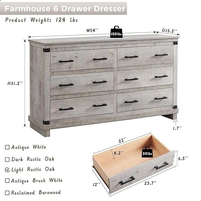 Farmhouse 6 Drawers Dresser, Wood Chest of Drawers, Closet Dresser
