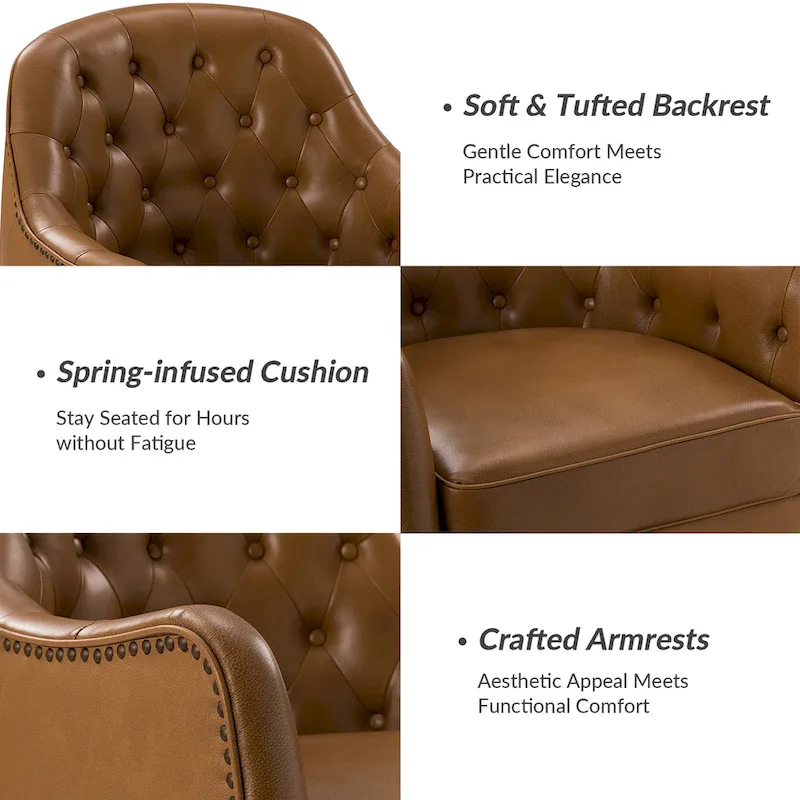 Melisa Classic Genuine Leather Wood Legs Barrel Chair With Tufted Back By HULALA HOME