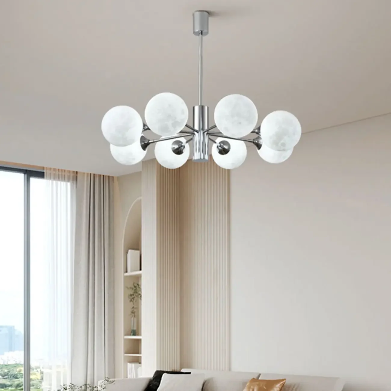 Modern Chrome Sputnik Chandelier with Globe Lampshade