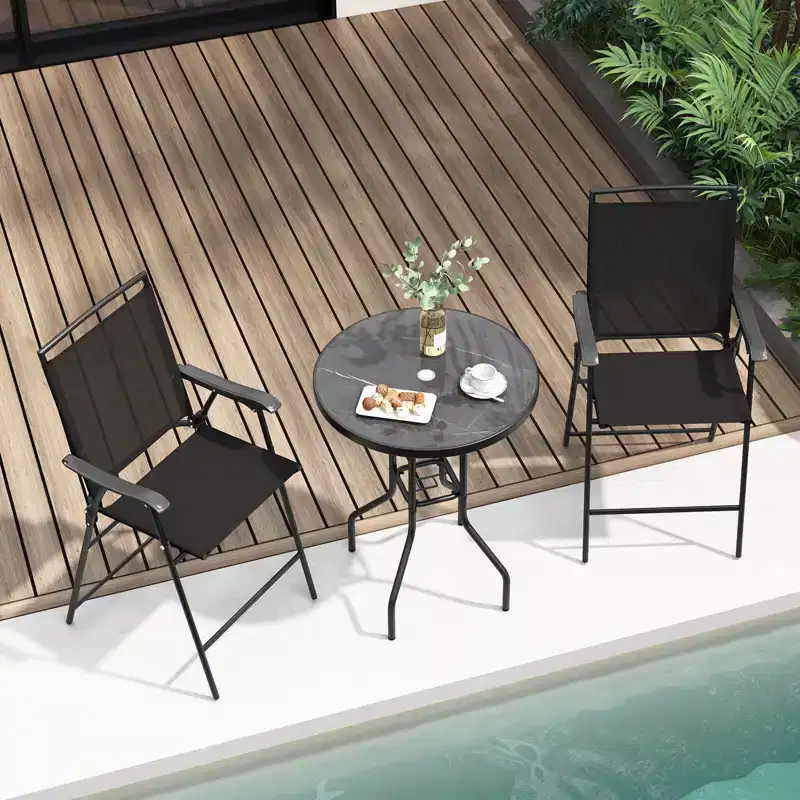 Costway 3 PCS Outdoor Bar Stool Set with DPC Tabletop Umbrella Hole & Footrest 2 Chairs