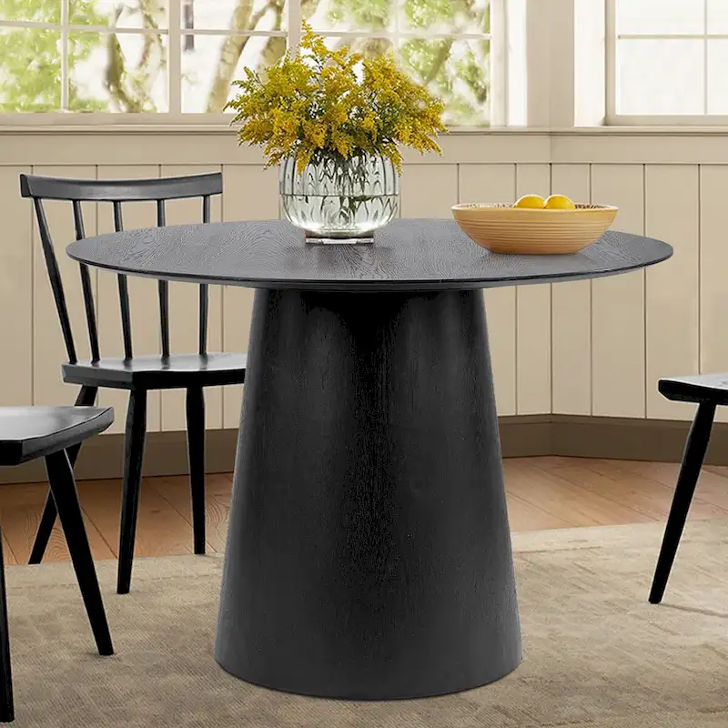 Round Pedestal Dining Table - Black/Natural, White Oak Veneer, Seats 4