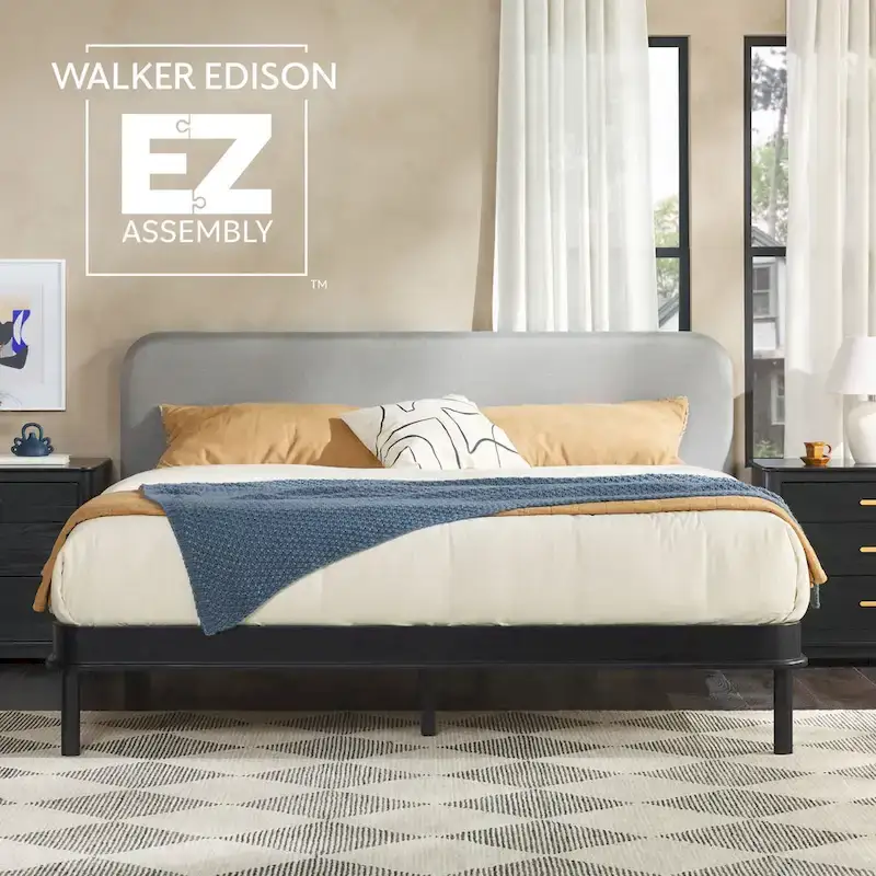 Walker Edison Solid Wood King Bed with Curved Upholstered Headboard