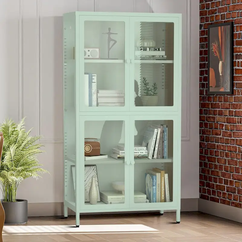 Modern Minimalist 3-Sided Tempered Glass Storage Cabinet with Four Cabinet Doors