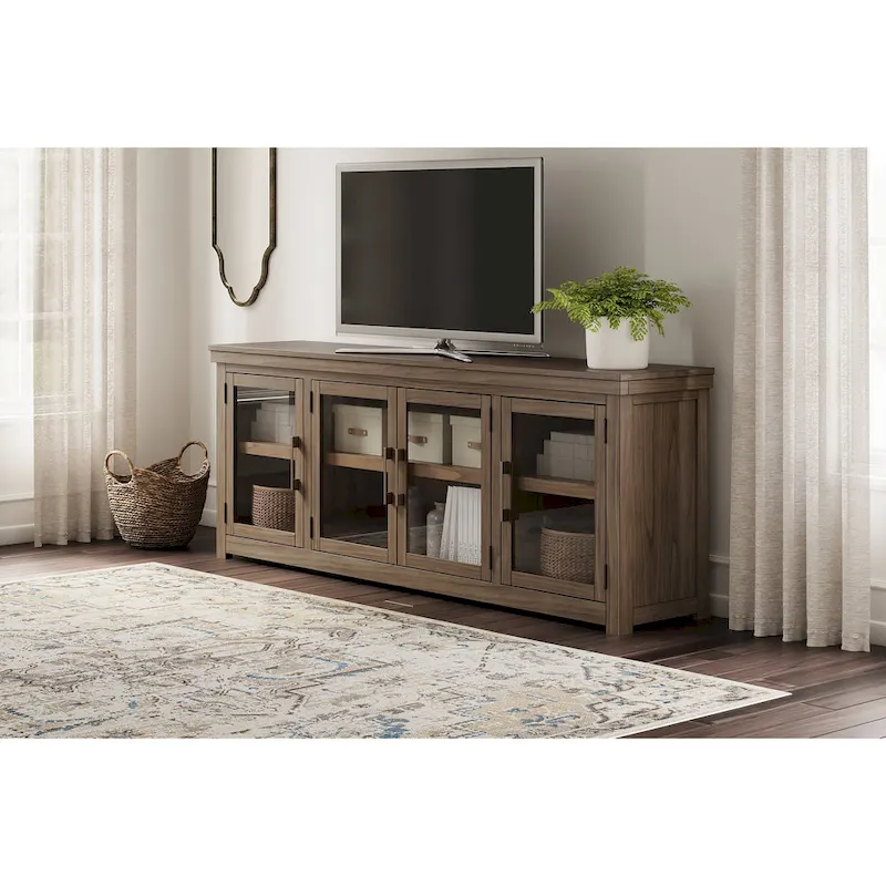 Brown Wood TV Stand with Glass Doors, Fits TVs up to 97