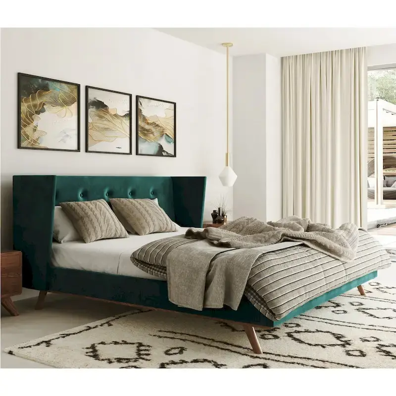 Uddesbo Modern Green Fabric & Walnut Bed