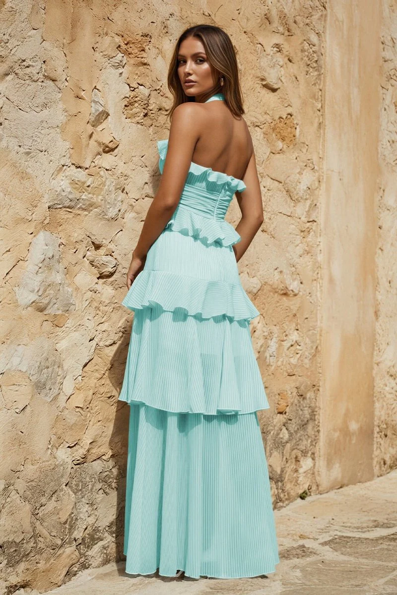Sky Blue Halter Sheath Pleated Chiffon Long Prom Dresses With Ruffles