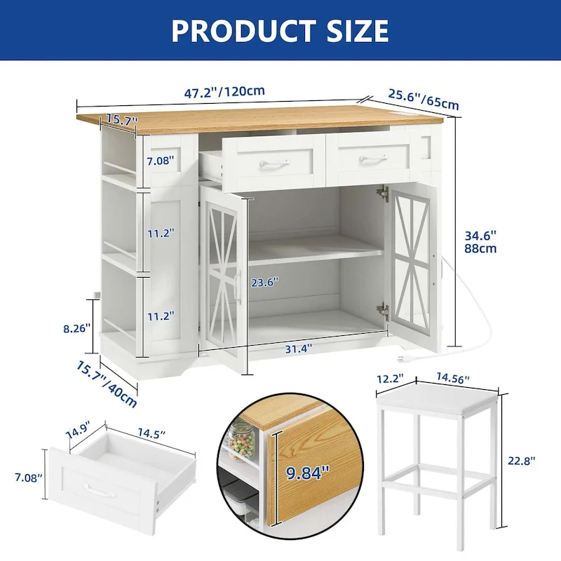 Moasis 47 Kitchen Island With Drop Leaf & 2 Bar Stools