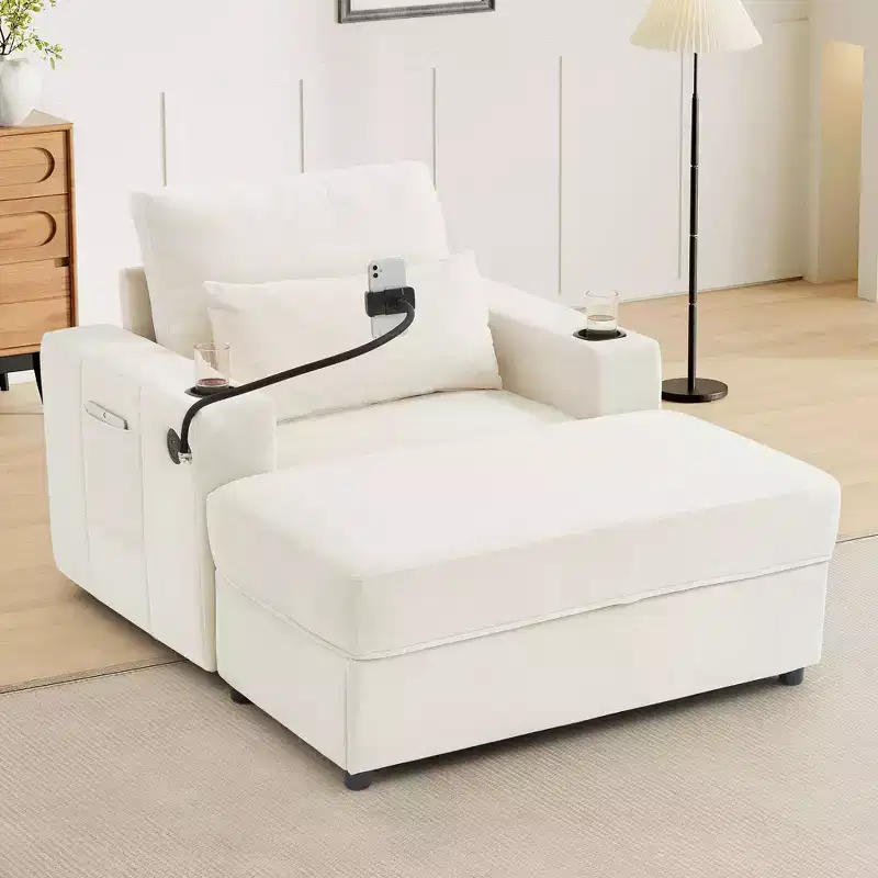 Okak Modern Comfy Chaise Lounge Sleeper Sofa Bed with Movable Storage Ottoman,Upholstered Deep Seat Sofa Couch for Living Room