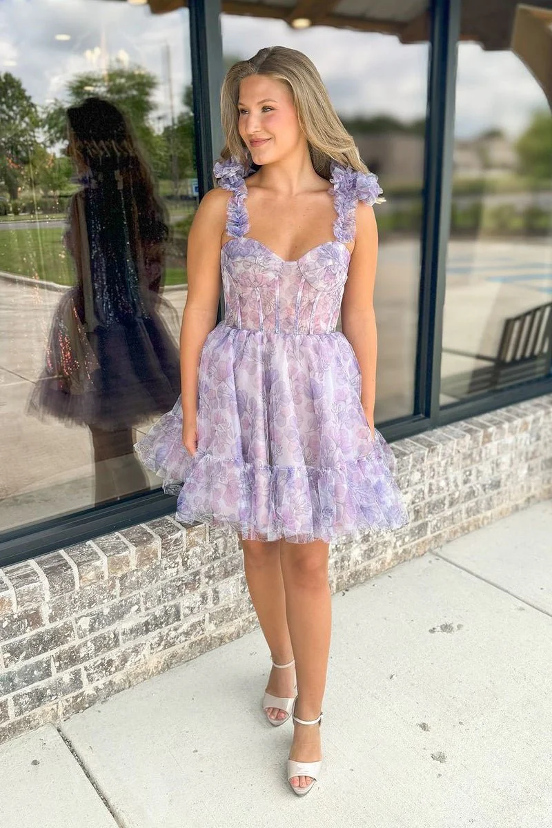 Cute A-Line Sweetheart Lavender Floral Printed Short Homecoming Dresses