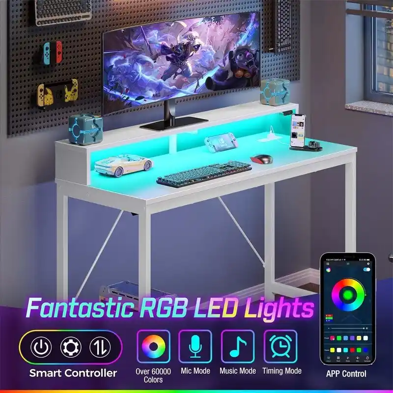 39-Inch Computer Desk with LED Lights and Built-In Power Strip