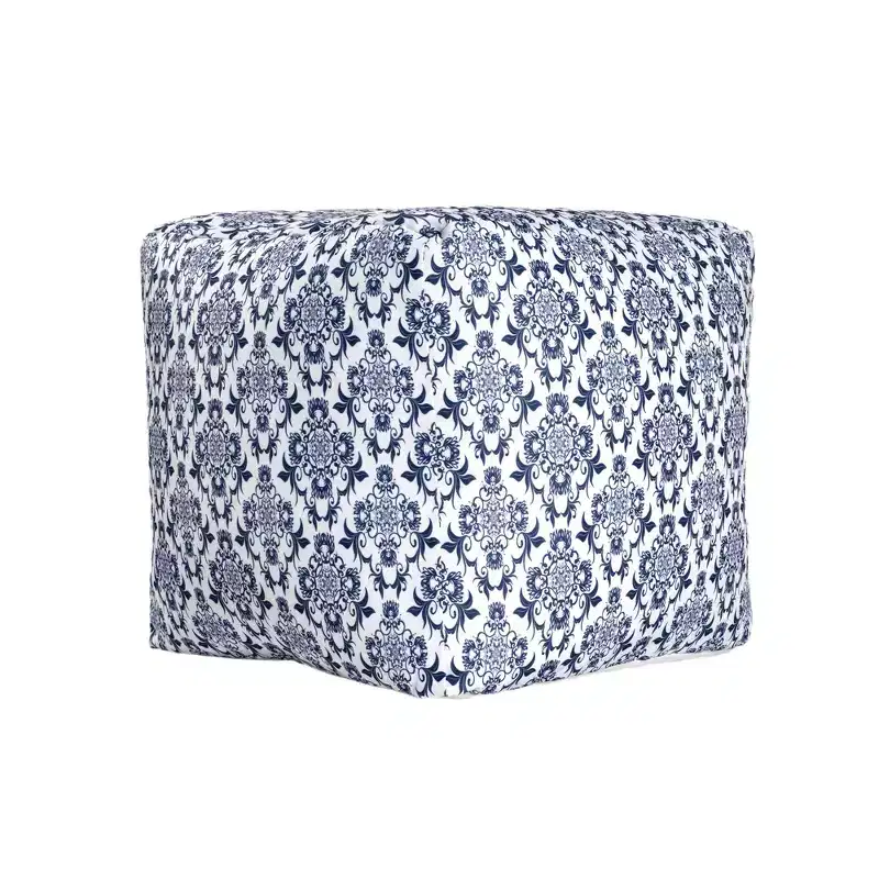 HomeRoots 18 Blue and White Upholstered Floral Pouf Ottoman