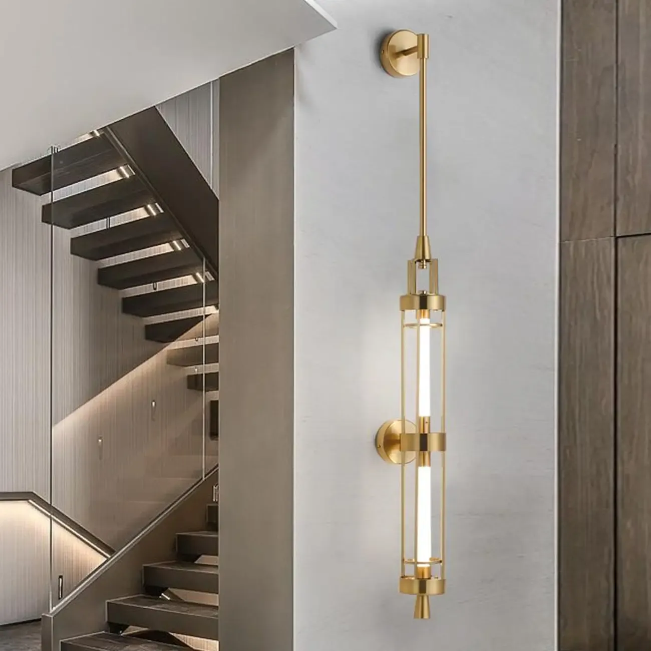 Gold Cylinder Wall Sconce Lamp with 2 LED Bulbs Warm Light