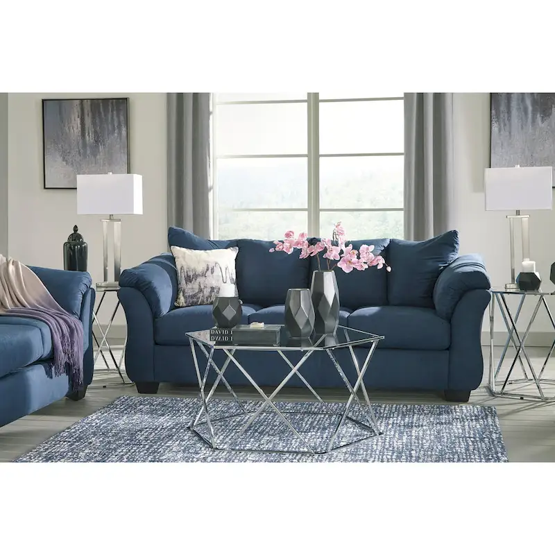 Aruca Navy Blue Microfiber Pillow Back Sofa and Loveseat Set