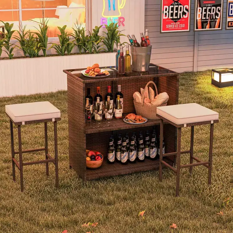 Costway 3 PCS Patio Bar Set with Tempered Glass Tabletop 2-Tier Storage Removable Cushions