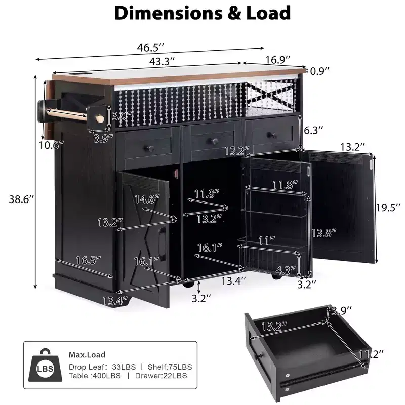 46.5 Farmhouse Kitchen Island with Power Outlet & Beaded Drape - Rolling Cart with Drop Leaf, 3 Drawers & Locking Wheels