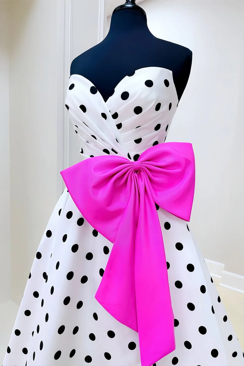 Fuchsia Strapless A Line Polka Dots Satin Long Prom Dresses With Bow