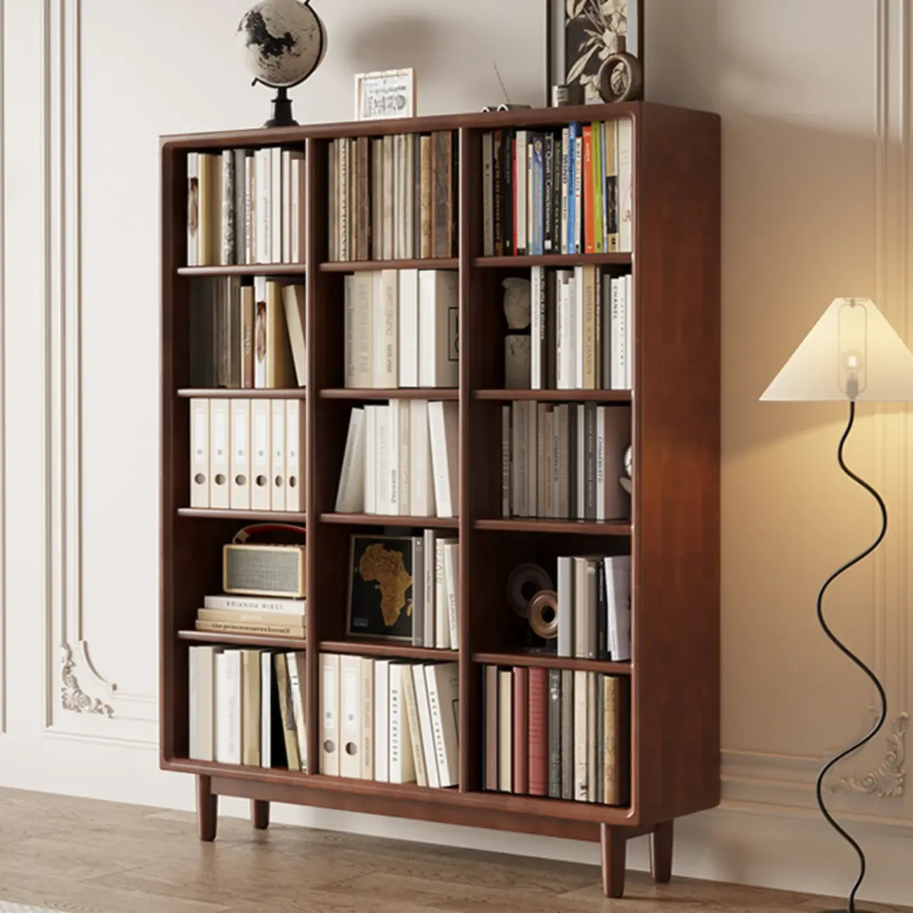 Mid Century Modern Oak Wood Closed Back Standing Bookcase