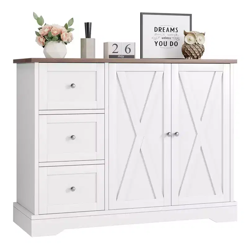 GustoWave 42 Farmhouse Buffet Cabinet with Storage, Coffee Bar Cabinet with 3 Drawers, Sideboard for Kitchen Dining Living Room, White