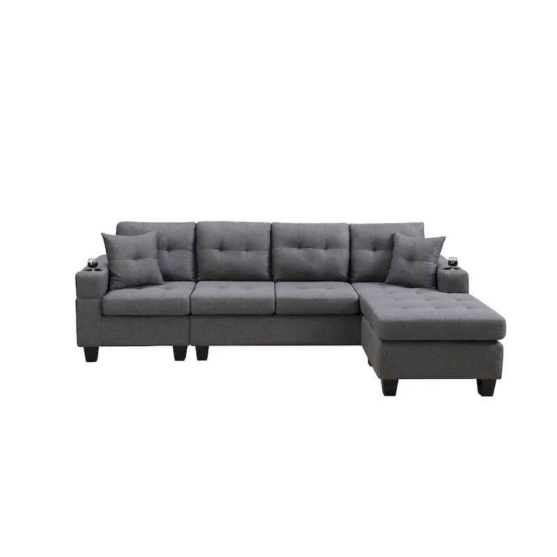 Grey / Black Polyester Fabric Sectional Sofa with Interchangeable Chaise & Cup Holders - Fits 3+ People