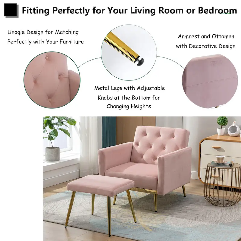 Velvet Tufted Convertible Armchair with Adjustable Backrest & Ottoman – Single