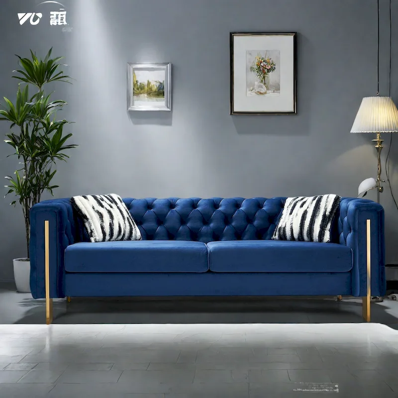 84.25  Velvet 3-Seater Sofa with Button Tufting, Gold Metal Legs, Pocket Spring And Foam Cushioning, 700 lb Capacity