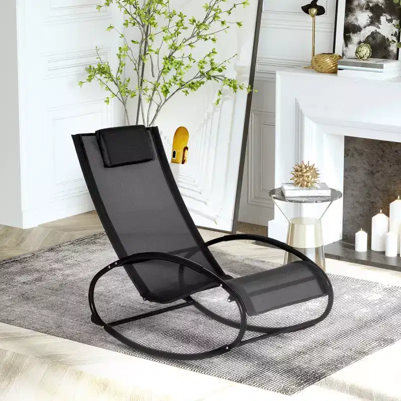 Outsunny Pool Lounger, Outdoor Rocking Lounge Chair for Sunbathing, Pool, Beach, Porch with Pillow & Cool Mesh, Sun Tanning Rocker