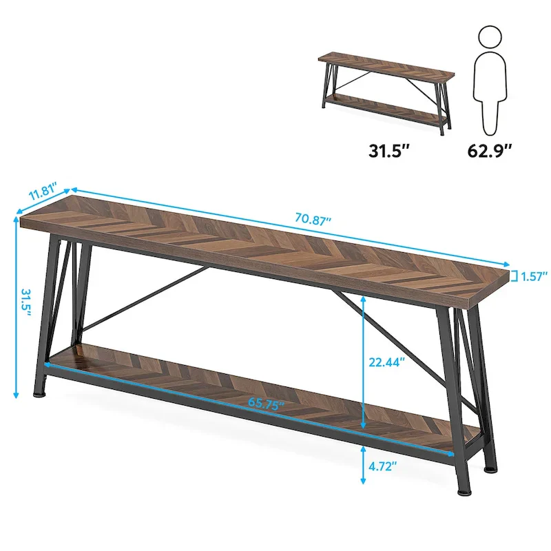 Rustic Brown Industrial Console Table with 2-Tier Storage