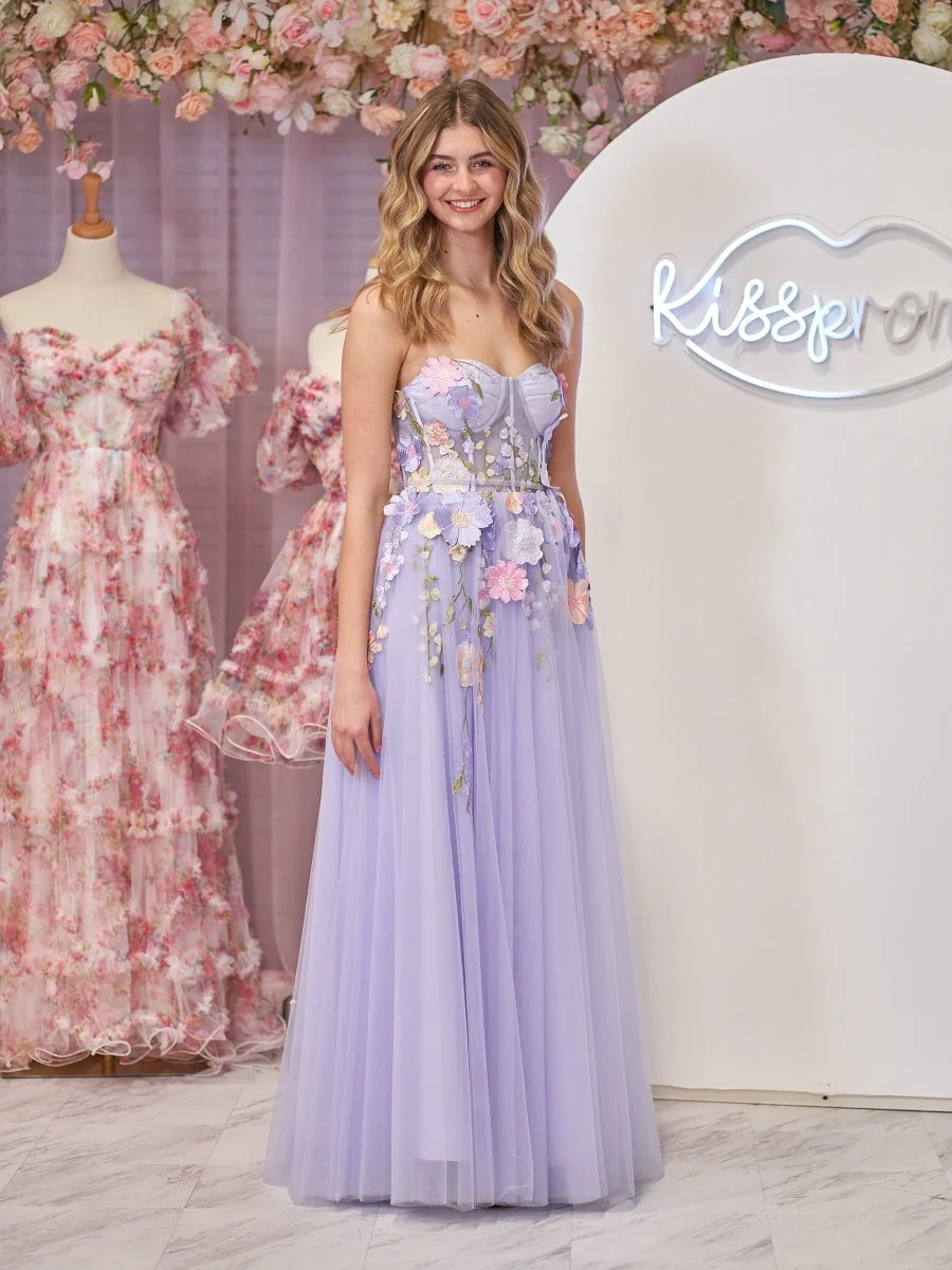 Lavender A-Line Strapless Tulle Homecoming Dress With 3D Flowers