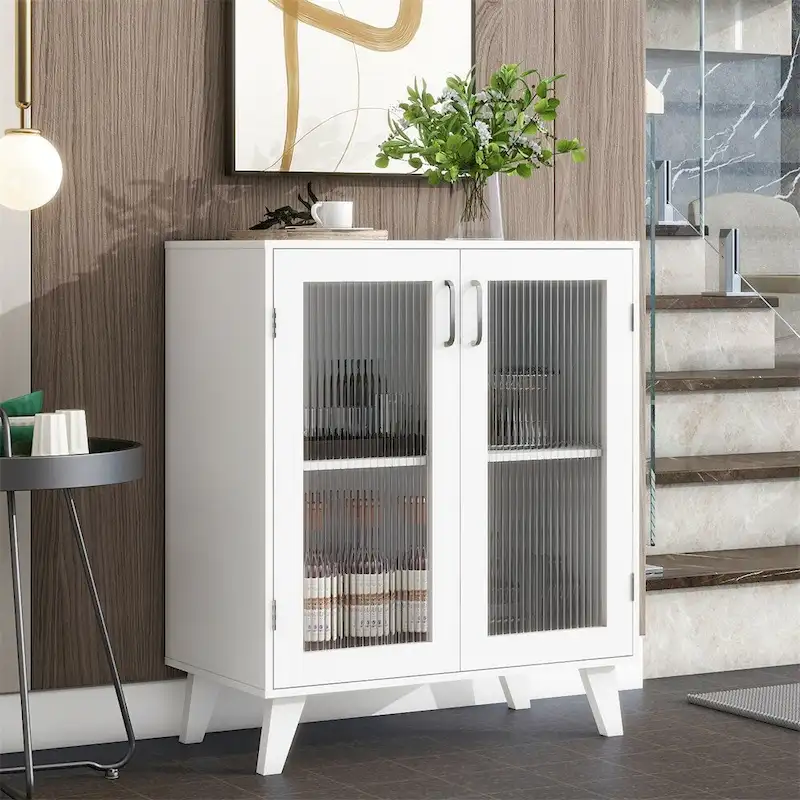Storage Cabinet with 2 Glass Doors and Adjustable Shelf – White, Single