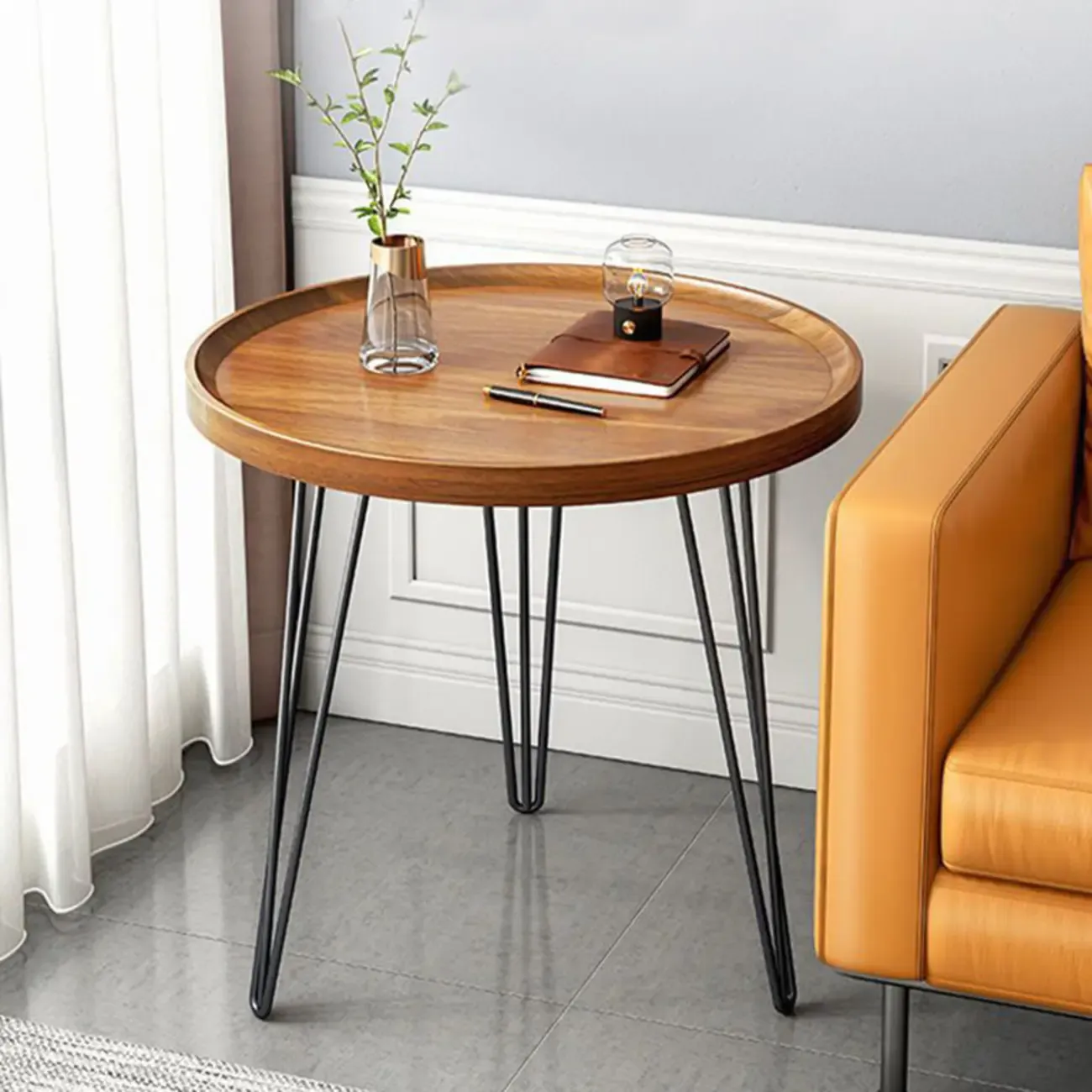 Solid Round Wood Side Table with Tray Top for Sofa