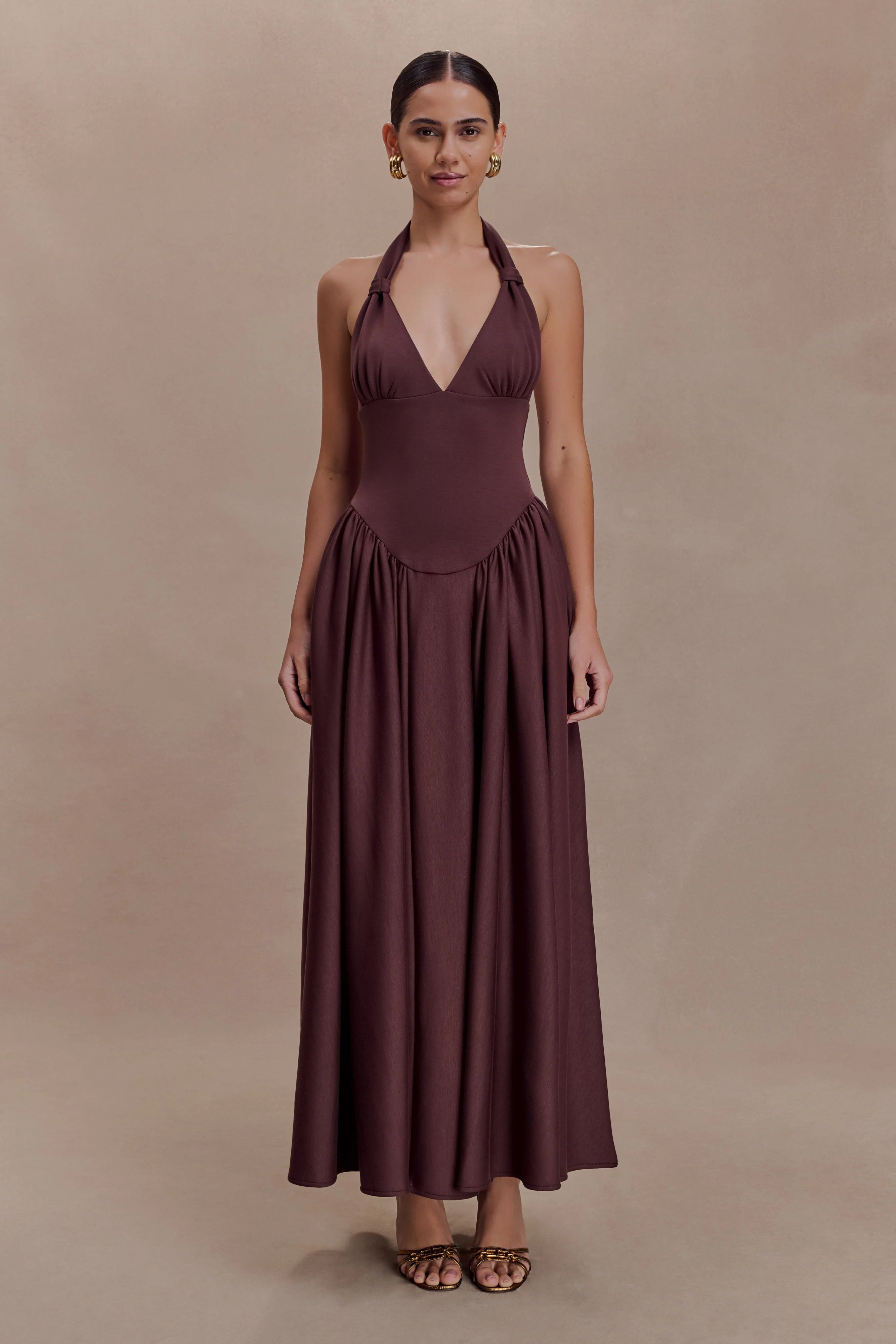 Angelina Scuba Halter Midi Dress - Chocolate